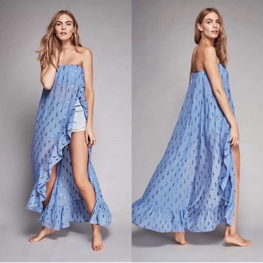 Free People On My Mind Maxi Top with metallic leaf  print and ruffle details.